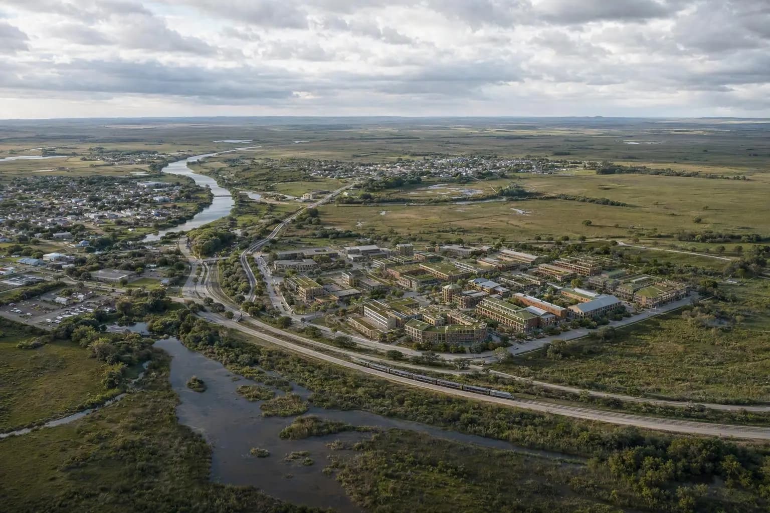 Visual conceitual de cidades conectadas por infraestrutura limpa no Pampa