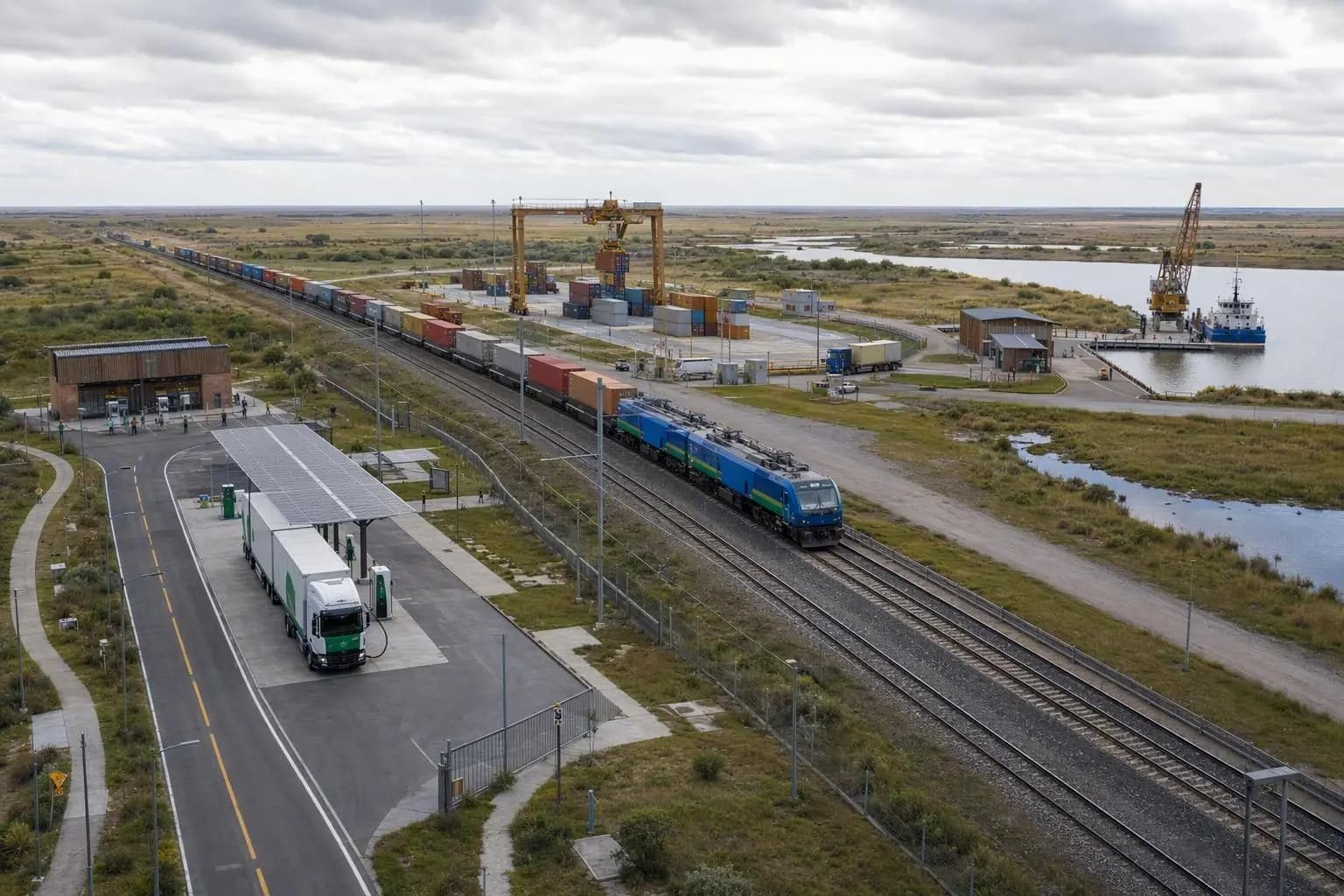 Visual conceitual de ferrovia, rodovia, terminal intermodal e pequeno cais no Pampa